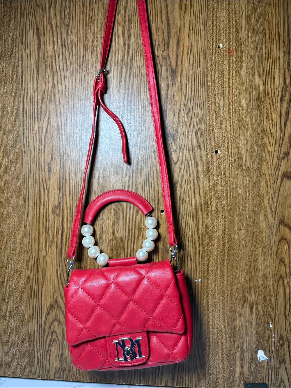 Red Quilted Crossbody Bag with Pearl Handle Badgely Mischka
